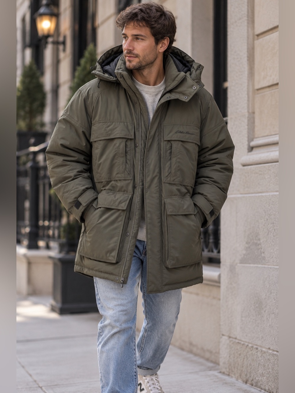 Eddie Bauer Premium Goose Down Parka Men’s Large Olive Hooded Winter Coat